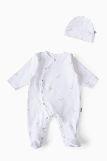 Baby Booties Jumpsuit Hat Set White Patterned