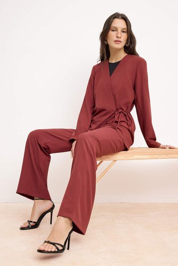 Burgundy Drapey Kimono Pants Bottom - Top Set Tctss26Us00033
