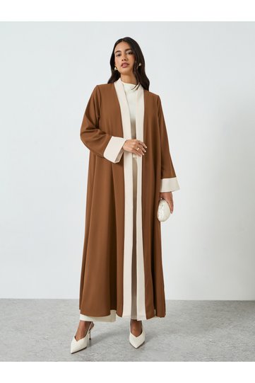 Brown Contrast Panel Front Open Abaya