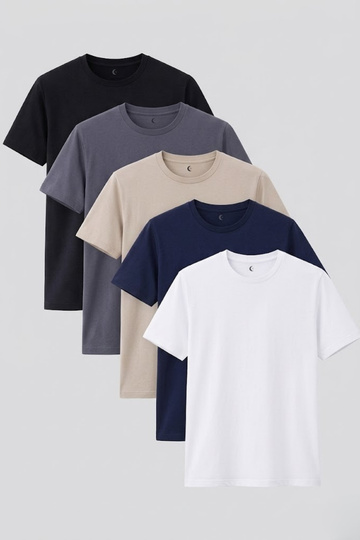Women's 5-Piece Basic T-Shirt Set, Black-White-Beige-Anthracite-Navy Regular Fit Crew Neck