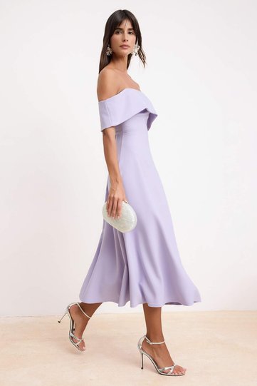 Lilac Plain Skirt Flared from the Waist Woven Finike Midi Unlined Elegant/Evening Dress