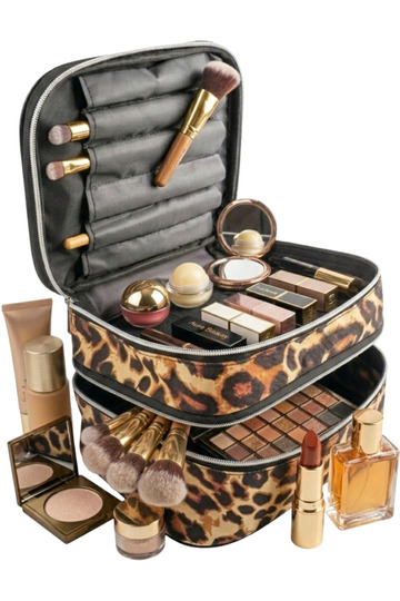 Double-Layer Captain Seyahat Makeup Bag in 1 - Large Size Functional Cosmetic Organizer Leopard