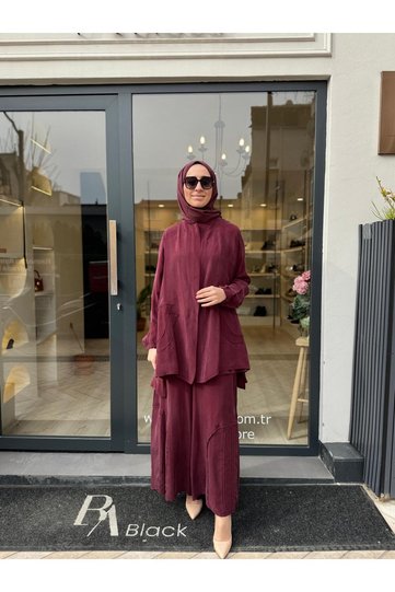 39208 منقوش طقم نسائي أحمر كلاريت