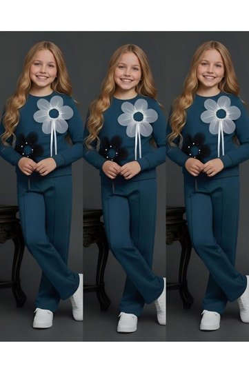 Stone-Detail Tulle Piece Flower Silhouette Top and Bottom Girls' Set