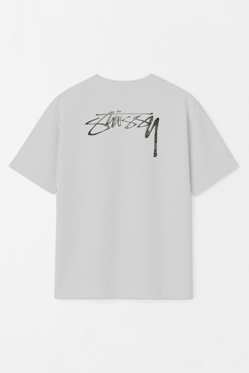 Unisex Stüssy Melted Printed Oversized 100% Cotton Wide Cut Textured Crew Neck Gray T-Shirt