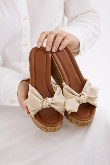 Women's High Heel Beige Bow Wedge Heel Women's Slippers Heels Slipper Stc1274