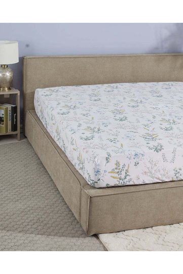 White & Green Botanical Printed Single Size Fitted Sheet