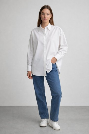 Women's Oversized Long Sleeve 100% Cotton Basic White Shirt