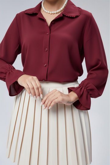 Women's Ruched Sleeveless Lace Collar Detail Woven Shirt