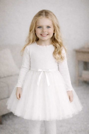 Vera Long Sleeve Girl's Princess Fluffy Tutu Dress Plain Stretchy Stretch Fabric White Tulle Tulle Ü Dress