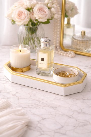 Decorative Tray Gold Leaf Stone Powder Jewelry, Perfume Tray Bathroom Organizer & Vanity Table Decor