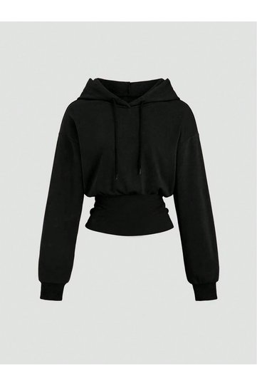 Women's Black Waist-Fitted Oversized Casual Cropped Natural Fabric Cotton Pack Sweatshirt