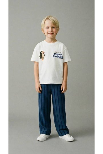 Boy's Animal Printed T-Shirt and Navy Blue Striped Pants Set