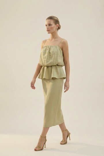 Oil Green Gathered Detailed Thin Strap Waist-Fitted Midi Dress