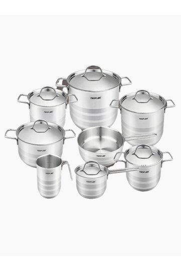 ,S.S Cooking Set14Pcs(18,20,24,26,28cm pots w.lid+MilkPot14cm+Saucepan16Cm+Fry pan24cm)Glossy