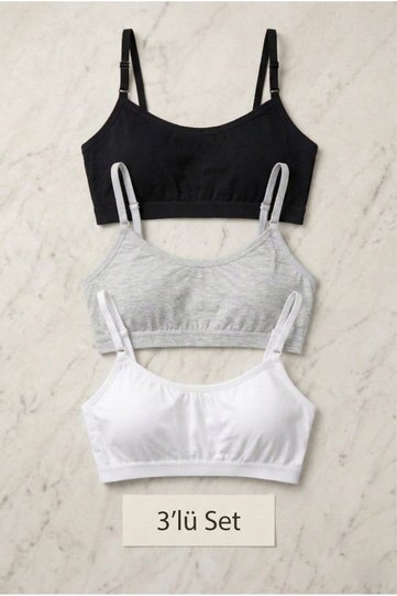 3-Piece Set of Cotton Basic Bralettes - With Removable Pads, Adjustable Straps - Black, White, Gray