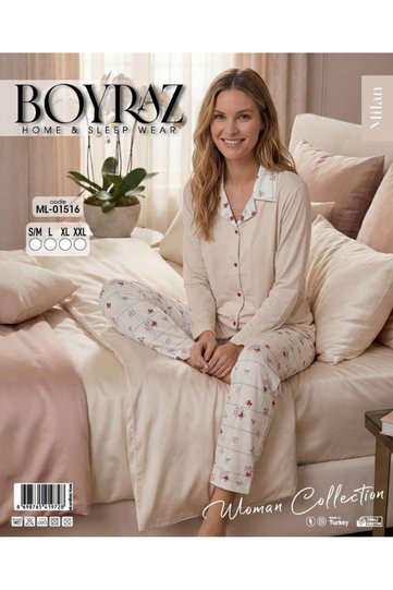 White Wholesale Women's Patterned Long Sleeve Pajama Set - Cotton Piece Textured Comfortable Fit Homewear Set