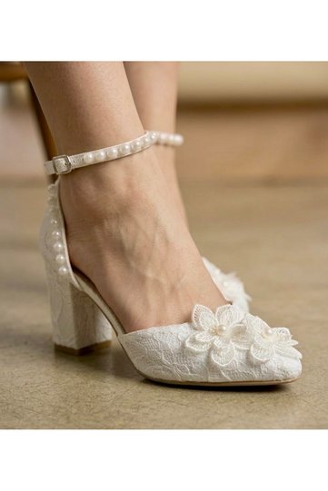 Lace Floral Detailed Evening Dress Shoes 5cm Block Heel -Feli̇syabuti̇k