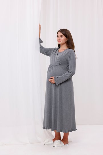 Smoked Double Breasted Cotton Maternity Nightgown with Breastfeeding Feature
