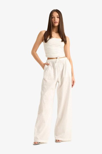 100% Cotton Wide Leg Double Pocket Elastic Waist Standard Length Brode Trousers E6393Ax25Sm