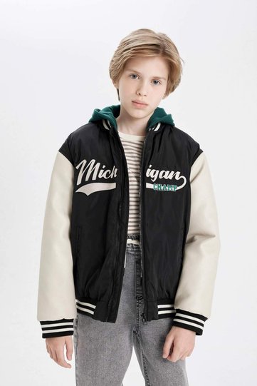 Detachable Hooded College Collar Zippered Bomber Jacket Coat Boys C5983A824Wn