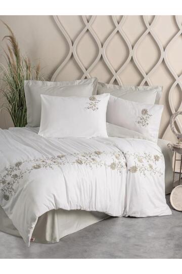 3D Embroidered Satin Double Duvet Cover Set Urian Beige
