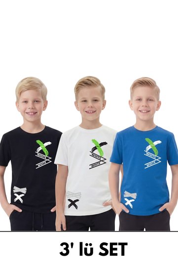 3-Pack White Text Printed Round Neck Short Sleeve Boys' Summer T-Shirt