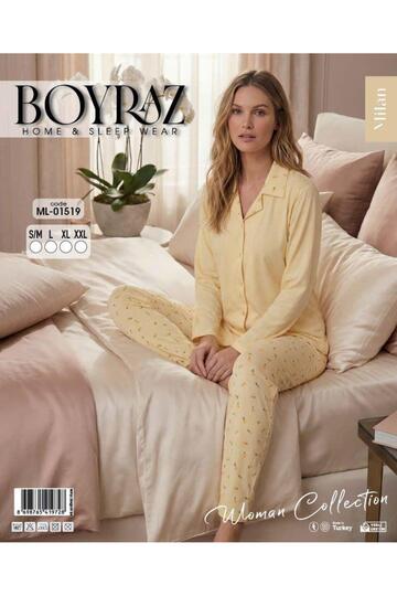 White Wholesale Women's Patterned Long Sleeve Pajama Set - Cotton Piece Textured Comfortable Fit Homewear Set