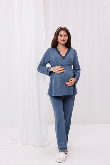 Anthracite Melange Collar Lace Cotton Maternity Pajamas Set of 2