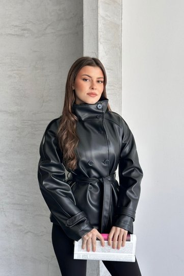 New Season Mock Neck Short Leather Trench Coat