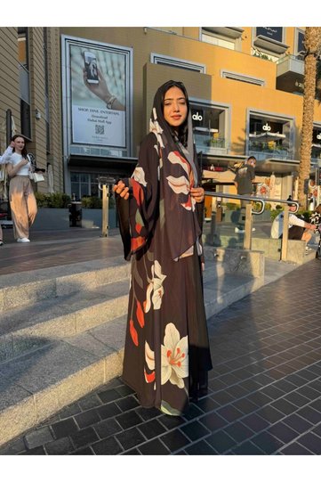Printed Cardigan Jacket, Fashionable Abaya Robe with Headscarf