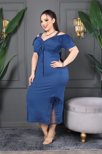 Off-The-Shoulder Tulle Detail Plus Size Stretchy Fabric Bust Ruched Slits Lace Black Midi Dress