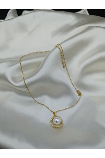 Zircon Stone Sparkling Pearl Steel Chain Necklace