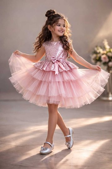 Girl's Tulle Evening Dress Party and Birthday Dress with Skirt in Powder Color