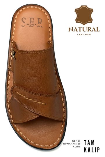 Leather Men's Slippers Lightweight Slippers Leather Syringe Tan