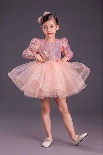 Tutu Gren Skirted Girl's Sequin Embellished Long-Sleeved Kikidi Dress MNK0583 SALMON