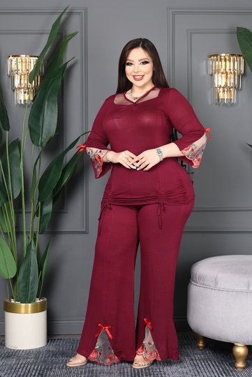 Large B.Eden V-Neck Sleeve End and Tulle Pants Top with Embroidery, Front Gathered with Bow, Premium Set
