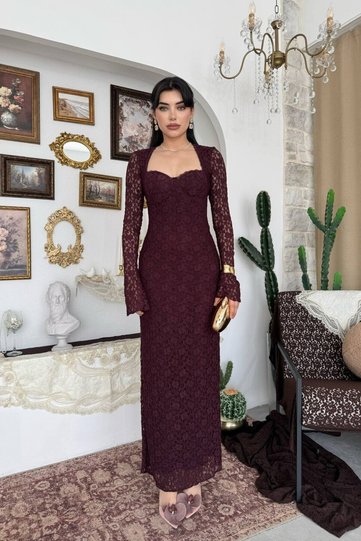 Gloplu (Supported) Lined Maxi Long Length Premium Plum Lace Dress