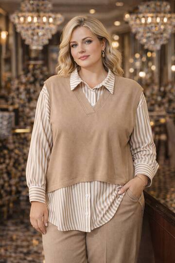 Women's Elegant Polo Neck Striped Pattern Sweater Look Oversize Casual Shirt Blouse
