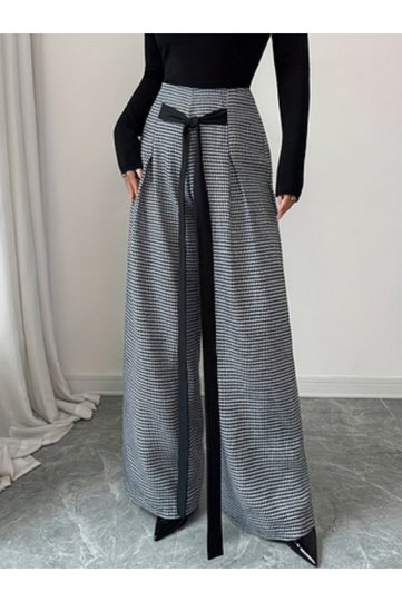 Houndstooth Wide Leg Trousers with Tie Waist