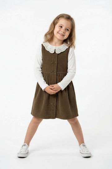 Girl's Lace Collared Corded Fabric Velvet Gilet and Long Sleeve Sweat Set