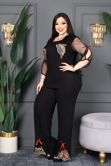 Women's Plus Size Bolero and Pants Embroidered- Bow Detail Sleeves Tulle Piece Bottom Top Premium Set
