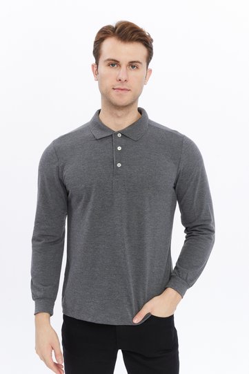 Men's Long Sleeve Polo Neck Cotton T-Shirt Long Sleeve t Shirt Anthracite Melange