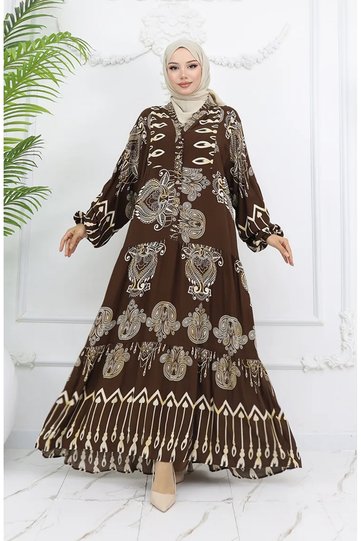 Alaçatı Patterned Half Buttoned Viscose Dress 0040-04 Brown