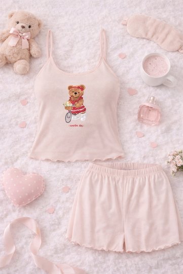 Women's Thin Strap Patterned Cotton Shorts Pajama Set