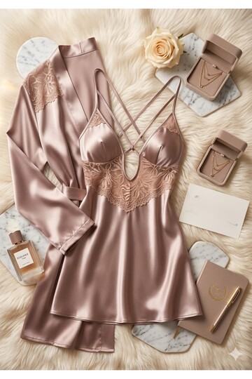 Women's Mink Satin Lace Nightgown and Robe 2-Piece Set - Elegant & Comfortable Design