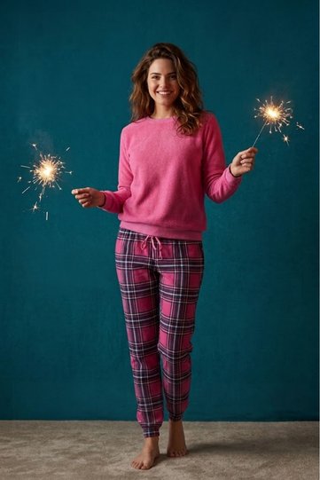 Women's Winter Flannel Pajama Set – Top Flannel, Bottom Plaid, Long Sleeve, Pink / Navy Blue