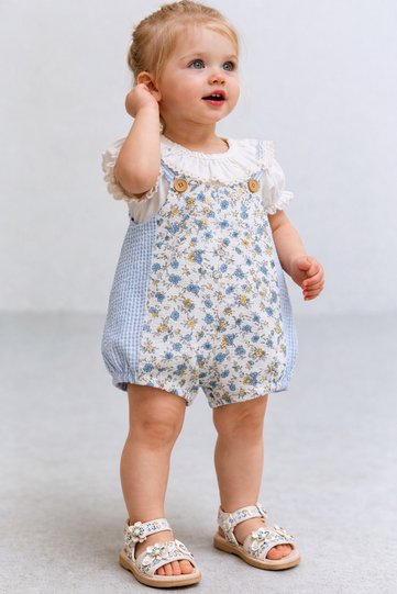 Baby Girl 2-Piece Set Floral Pattern Salopet Gingham Detailed Strap Jumpsuit Ruffle Collar Short Sleeve Blouse