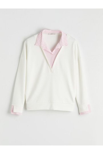 Natuvera Pink Shirt-Collar Striped Women's Sweatshirt