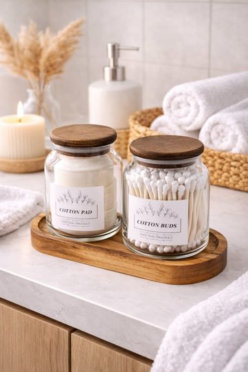 Acacia Glass Bathroom Set with Stand – Cotton Swabs & Cotton & Makeup Pads (3 Labels as Gifts)